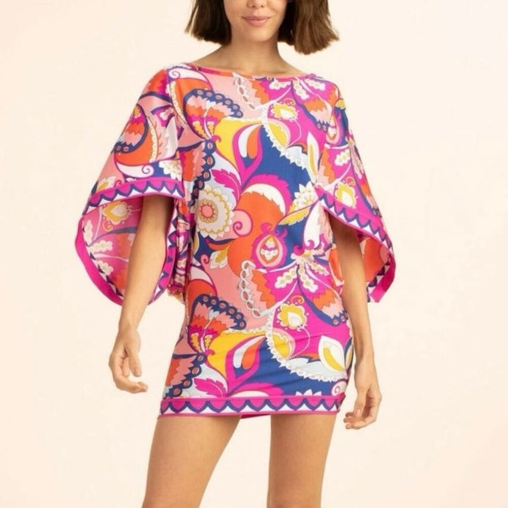 Trina Turk Sevilla Swim Cover Up Tunic Dress Cape Sleeve Mod 70s Paisley Size S
